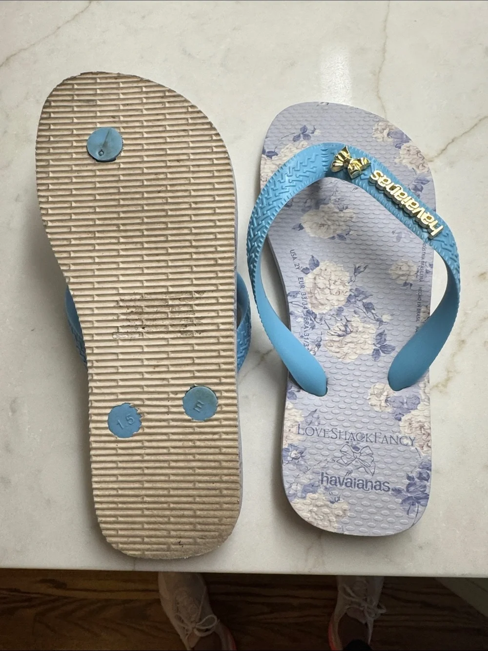 Love Shack Fancy/ Havaianas Blue Floral Flip Flops with Gold Accents
